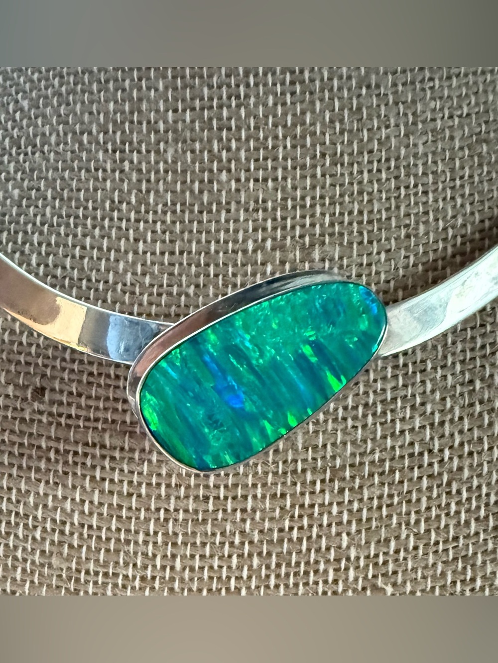 Taxco Mexico Sterling Silver Choker Necklace w/Green Opal Center 16 in vintage - Picture 3 of 17